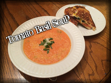 Tomato-Basil Soup w/Pepperoni and Veggie Stuffed Grilled Cheese Sandwiches